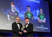 27 October 2023; Connor Madden of Lancashire receives his 2023 Ring, Rackard, and Meagher Team of the Year award from Uachtarán Chumann Lúthchleas Gael Larry McCarthy during the GAA Champion 15 Awards Croke Park in Dublin. Photo by Matt Browne/Sportsfile