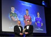 27 October 2023; Padraig Faulkner of Cavan receives his 2023 Tailteann Cup Team of the Year award from Uachtarán Chumann Lúthchleas Gael Larry McCarthy during the GAA Champion 15 Awards Croke Park in Dublin. Photo by Matt Browne/Sportsfile