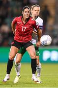 27 October 2023; Kristina Maksuti of Albania in action against Diane Caldwell of Republic of Ireland during the UEFA Women's Nations League B match between Republic of Ireland and Albania at Tallaght Stadium in Dublin. Photo by Stephen McCarthy/Sportsfile