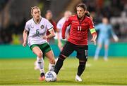 27 October 2023; Megi Doci of Albania in action against Megan Connolly of Republic of Ireland during the UEFA Women's Nations League B match between Republic of Ireland and Albania at Tallaght Stadium in Dublin. Photo by Stephen McCarthy/Sportsfile
