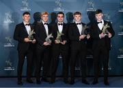 27 October 2023; Down hurler Pearse Óg McCrickard, centre, with his 2023 McDonagh Cup Team of the Year award alongside Down footballers, from left, Pierce Laverty, Liam Kerr, Danny Magill and Odhran Murdock with their 2023 Tailteann Cup Team of the Year awards during the GAA Champion 15 Awards Croke Park in Dublin. Photo by Matt Browne/Sportsfile