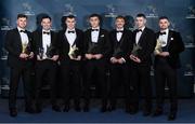 27 October 2023; Carlow hurlers, from left, Chris Nolan, Martin Kavanagh, Jack McCullagh, Paddy Boland, James Doyle, Diarmuid Byrne and Brian Tracey with their 2023 McDonagh Cup Team of the Year awards at the GAA Champion 15 Awards Croke Park in Dublin. Photo by Matt Browne/Sportsfile