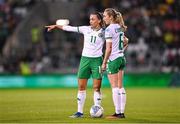 27 October 2023; Katie McCabe, left, and Megan Connolly of Republic of Ireland during the UEFA Women's Nations League B match between Republic of Ireland and Albania at Tallaght Stadium in Dublin. Photo by Stephen McCarthy/Sportsfile