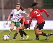 27 October 2023; Abbie Larkin of Republic of Ireland in action against Qendresa Krasniqi and Arbenita Curraj, 3, of Albania during the UEFA Women's Nations League B match between Republic of Ireland and Albania at Tallaght Stadium in Dublin. Photo by Stephen McCarthy/Sportsfile
