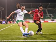 27 October 2023; Abbie Larkin of Republic of Ireland in action against Qendresa Krasniqi of Albania during the UEFA Women's Nations League B match between Republic of Ireland and Albania at Tallaght Stadium in Dublin. Photo by Stephen McCarthy/Sportsfile