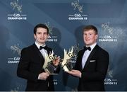 27 October 2023; Derry hurlers Cormac O'Doherty, left, and Richie Mullan with their 2023 Ring, Rackard, and Meagher Team of the Year awards during the GAA Champion 15 Awards Croke Park in Dublin. Photo by Matt Browne/Sportsfile