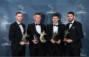 27 October 2023; Meath hurlers, from left, James Toher, Jack Regan, Simon Ennis and Seán Geraghty with their  2023 Ring, Rackard, and Meagher Team of the Year awards during the GAA Champion 15 Awards Croke Park in Dublin. Photo by Matt Browne/Sportsfile