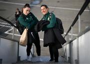 28 October 2023; Lucy Quinn, left, and performance coach Ivi Casagrande of Republic of Ireland at Dublin Airport ahead of the team's departure to Albania for their UEFA Women's Nations League match against Albania, on Tuesday. Photo by Stephen McCarthy/Sportsfile
