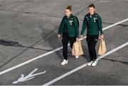 28 October 2023; Caitlin Hayes, right, and Claire O'Riordan of Republic of Ireland at Dublin Airport ahead of the team's departure to Albania for their UEFA Women's Nations League match against Albania, on Tuesday. Photo by Stephen McCarthy/Sportsfile