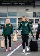 28 October 2023; Denise O'Sullivan, left, and Megan Connolly of Republic of Ireland at Dublin Airport ahead of the team's departure to Albania for their UEFA Women's Nations League match against Albania, on Tuesday. Photo by Stephen McCarthy/Sportsfile