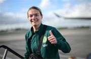 28 October 2023; Saoirse Noonan of Republic of Ireland at Dublin Airport ahead of the team's departure to Albania for their UEFA Women's Nations League match against Albania, on Tuesday. Photo by Stephen McCarthy/Sportsfile