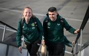 28 October 2023; Derek McDonnell, operations, and Amber Barrett of Republic of Ireland at Dublin Airport ahead of the team's departure to Albania for their UEFA Women's Nations League match against Albania, on Tuesday. Photo by Stephen McCarthy/Sportsfile