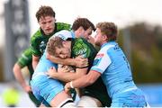 28 October 2023; Niall Murray of Connacht is tackled by Richie Gray, left, and Angus Fraser of Glasgow Warriors during the United Rugby Championship match between Connacht and Glasgow Warriors at The Sportsground in Galway. Photo by Ramsey Cardy/Sportsfile