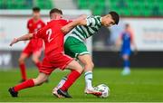 28 October 2023; Richard Vodo of Shamrock Rovers in action against Fintan McNamara of Shelbourne during the EA SPORTS MU17 LOI Mark Farren Cup match between Shamrock Rovers and Shelbourne at Tallaght Stadium in Dublin. Photo by Tyler Miller/Sportsfile