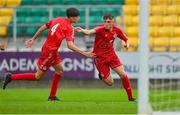 28 October 2023; Josh Lyons of Shelbourne, right, celebrates with team-mate Taylor McCarthy after scoring their side's first goal during the EA SPORTS MU17 LOI Mark Farren Cup match between Shamrock Rovers and Shelbourne at Tallaght Stadium in Dublin. Photo by Tyler Miller/Sportsfile