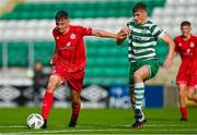 28 October 2023; Dan Ring of Shelbourne in action against Kian Dignam of Shamrock Rovers during the EA SPORTS MU17 LOI Mark Farren Cup match between Shamrock Rovers and Shelbourne at Tallaght Stadium in Dublin. Photo by Tyler Miller/Sportsfile