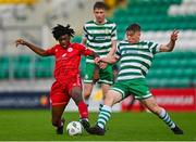 28 October 2023; Mark Isong of Shelbourne in action against James Stefan Roche of Shamrock Rovers during the EA SPORTS MU17 LOI Mark Farren Cup match between Shamrock Rovers and Shelbourne at Tallaght Stadium in Dublin. Photo by Tyler Miller/Sportsfile