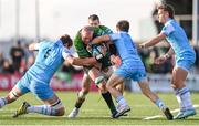 28 October 2023; Joe Joyce of Connacht is tackled by Richie Gray, left, and George Horne of Glasgow Warriors during the United Rugby Championship match between Connacht and Glasgow Warriors at The Sportsground in Galway. Photo by Ramsey Cardy/Sportsfile