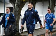 28 October 2023; Max Deegan, centre, Lee Barron and Dylan Donnellan of Leinster arrive before the United Rugby Championship match between Leinster and Hollywoodbets Sharks at the RDS Arena in Dublin. Photo by Harry Murphy/Sportsfile