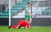 28 October 2023; Dan Ring of Shelbourne reacts to a missed opportunity on goal during the EA SPORTS MU17 LOI Mark Farren Cup match between Shamrock Rovers and Shelbourne at Tallaght Stadium in Dublin. Photo by Tyler Miller/Sportsfile