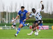 28 October 2023; Frantz Pierrot of Athlone Town in action against Giles Ene Malachi Phillips of Waterford during the SSE Airtricity Men's First Division Play-Off semi-final second leg match between Waterford and Athlone Town at the RSC in Waterford. Photo by Seb Daly/Sportsfile