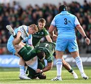 28 October 2023; Dylan Tierney-Martin of Connacht is tackled by Johnny Matthews of Glasgow Warriors during the United Rugby Championship match between Connacht and Glasgow Warriors at The Sportsground in Galway. Photo by Ramsey Cardy/Sportsfile