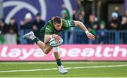 28 October 2023; Diarmuid Kilgallen of Connacht dives over to score his side's third try during the United Rugby Championship match between Connacht and Glasgow Warriors at The Sportsground in Galway. Photo by Ramsey Cardy/Sportsfile