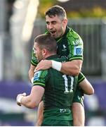 28 October 2023; Diarmuid Kilgallen of Connacht celebrates with Tiernan O’Halloran after scoring their side's third try during the United Rugby Championship match between Connacht and Glasgow Warriors at The Sportsground in Galway. Photo by Ramsey Cardy/Sportsfile