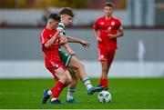 28 October 2023; Ryan Ritchie of Shamrock Rovers in action against Corman O'Donoghue of Shelbourne during the EA SPORTS MU17 LOI Mark Farren Cup match between Shamrock Rovers and Shelbourne at Tallaght Stadium in Dublin. Photo by Tyler Miller/Sportsfile