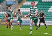 28 October 2023; Cian Dillon of Shamrock Rovers celebrates after scoring his side's third goal, a penalty, during the EA SPORTS MU17 LOI Mark Farren Cup match between Shamrock Rovers and Shelbourne at Tallaght Stadium in Dublin. Photo by Tyler Miller/Sportsfile