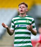 28 October 2023; Cian Dillon of Shamrock Rovers reacts as his side's second goal is called as offside during the EA SPORTS MU17 LOI Mark Farren Cup match between Shamrock Rovers and Shelbourne at Tallaght Stadium in Dublin. Photo by Tyler Miller/Sportsfile