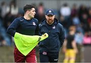 28 October 2023; Cobh Ramblers manager Shane Keegan with Pierce Philips of Cobh Ramblers before the SSE Airtricity Men's First Division Play-Off semi-final second leg match between Cobh Ramblers and Wexford at St Colman's Park in Cobh, Cork. Photo by Eóin Noonan/Sportsfile