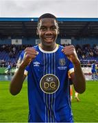 28 October 2023; Romeo Akachukwu of Waterford celebrates after his side's victory in the SSE Airtricity Men's First Division Play-Off semi-final second leg match between Waterford and Athlone Town at the RSC in Waterford. Photo by Seb Daly/Sportsfile