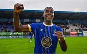 28 October 2023; Romeo Akachukwu of Waterford celebrates after his side's victory in the SSE Airtricity Men's First Division Play-Off semi-final second leg match between Waterford and Athlone Town at the RSC in Waterford. Photo by Seb Daly/Sportsfile