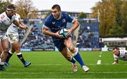 28 October 2023; Jordan Larmour of Leinster on his way to scoring his side's first try during the United Rugby Championship match between Leinster and Hollywoodbets Sharks at the RDS Arena in Dublin. Photo by Harry Murphy/Sportsfile