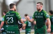 28 October 2023; Conor Oliver, left, and JJ Hanrahan of Connacht after their side's victory in the United Rugby Championship match between Connacht and Glasgow Warriors at The Sportsground in Galway. Photo by Ramsey Cardy/Sportsfile