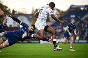 28 October 2023; Aphelele Fassi of Hollywoodbets Sharks evades the tackle of Max Deegan of Leinster during the United Rugby Championship match between Leinster and Hollywoodbets Sharks at the RDS Arena in Dublin. Photo by Harry Murphy/Sportsfile