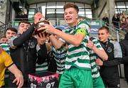 28 October 2023; Ryan Ritchie of Shamrock Rovers celebrates with the cup after his side's victory in the EA SPORTS MU17 LOI Mark Farren Cup match between Shamrock Rovers and Shelbourne at Tallaght Stadium in Dublin. Photo by Tyler Miller/Sportsfile