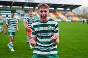 28 October 2023; Barry Kealy of Shamrock Rovers celebrates after his side's victory in the EA SPORTS MU17 LOI Mark Farren Cup match between Shamrock Rovers and Shelbourne at Tallaght Stadium in Dublin. Photo by Tyler Miller/Sportsfile