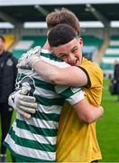 28 October 2023; Ryan Ritchie of Shamrock Rovers, left, and team-mate Jack Ellis celebrate after their side's victory in the EA SPORTS MU17 LOI Mark Farren Cup match between Shamrock Rovers and Shelbourne at Tallaght Stadium in Dublin. Photo by Tyler Miller/Sportsfile
