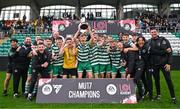 28 October 2023; The Shamrock Rovers squad and staff celebrate with the cup after their side's victory in the EA SPORTS MU17 LOI Mark Farren Cup match between Shamrock Rovers and Shelbourne at Tallaght Stadium in Dublin. Photo by Tyler Miller/Sportsfile