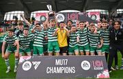 28 October 2023; The Shamrock Rovers squad celebrate with the cup after their side's victory in the EA SPORTS MU17 LOI Mark Farren Cup match between Shamrock Rovers and Shelbourne at Tallaght Stadium in Dublin. Photo by Tyler Miller/Sportsfile
