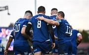 28 October 2023; Max Deegan of Leinster, centre, celebrates with teammates after scoring his side's second try during the United Rugby Championship match between Leinster and Hollywoodbets Sharks at the RDS Arena in Dublin. Photo by Harry Murphy/Sportsfile