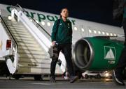 28 October 2023; Katie McCabe of Republic of Ireland at Tirana International Airport following their charted flight from Dublin for their UEFA Women's Nations League match against Albania, on Tuesday. Photo by Stephen McCarthy/Sportsfile