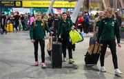 28 October 2023; Republic of Ireland's Denise O'Sullivan, left, Megan Connolly, right, and Dr Siobhan Forman, team doctor, at Tirana International Airport following their charted flight from Dublin for their UEFA Women's Nations League match against Albania, on Tuesday. Photo by Stephen McCarthy/Sportsfile