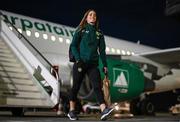 28 October 2023; Chloe Mustaki of Republic of Ireland at Tirana International Airport following their charted flight from Dublin for their UEFA Women's Nations League match against Albania, on Tuesday. Photo by Stephen McCarthy/Sportsfile