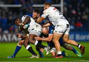 28 October 2023; Ntuthuko Mchunu of Hollywoodbets Sharks, supported by teammate Hanro Jacobs, is tackled by Jason Jenkins and Rhys Ruddock of Leinster during the United Rugby Championship match between Leinster and Hollywoodbets Sharks at the RDS Arena in Dublin. Photo by Harry Murphy/Sportsfile