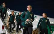 28 October 2023; Jamie Finn of Republic of Ireland at Tirana International Airport following their charted flight from Dublin for their UEFA Women's Nations League match against Albania, on Tuesday. Photo by Stephen McCarthy/Sportsfile