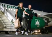 28 October 2023; Hayley Nolan, left, and Saoirse Noonan of Republic of Ireland at Tirana International Airport following their charted flight from Dublin for their UEFA Women's Nations League match against Albania, on Tuesday. Photo by Stephen McCarthy/Sportsfile