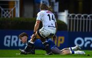 28 October 2023; Rob Russell of Leinster scores his side's third try during the United Rugby Championship match between Leinster and Hollywoodbets Sharks at the RDS Arena in Dublin. Photo by Sam Barnes/Sportsfile